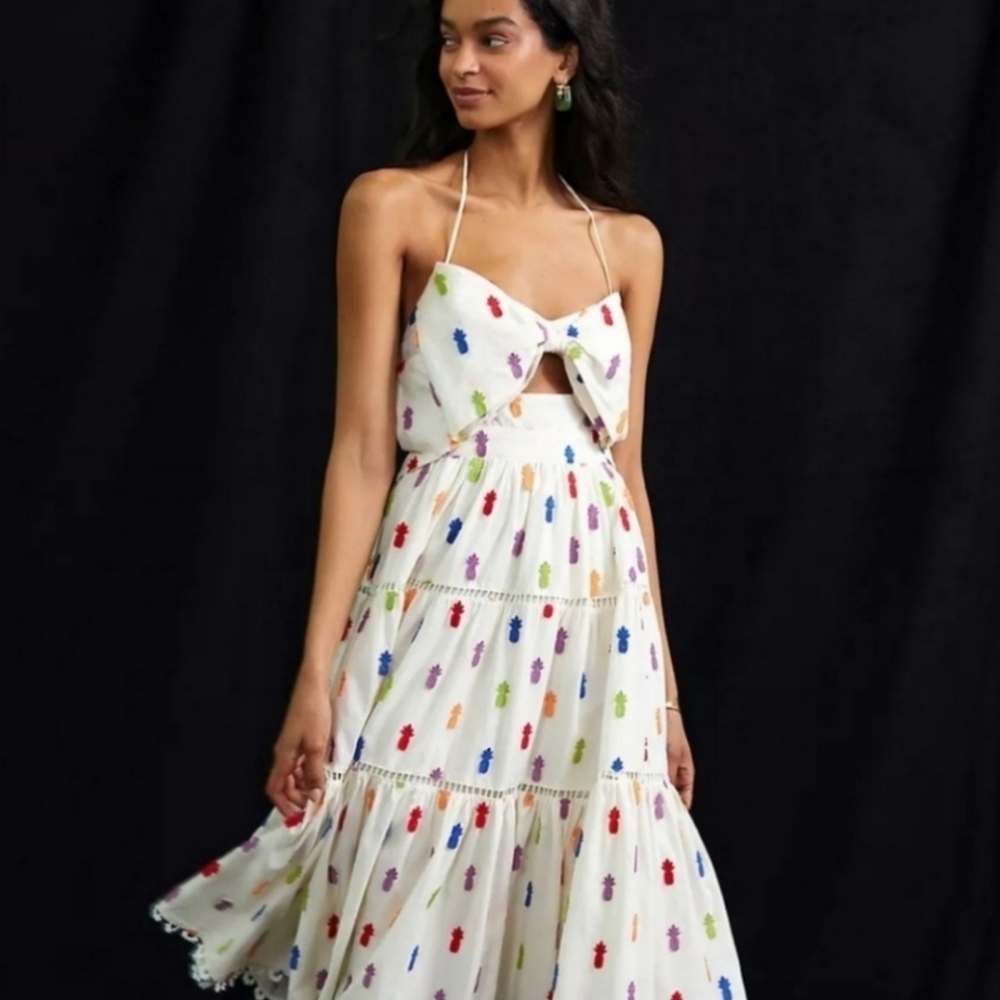 FarmRio Pineapple Appliqué Keyhole Bodice Cotton Midi Dress 100%Cotton